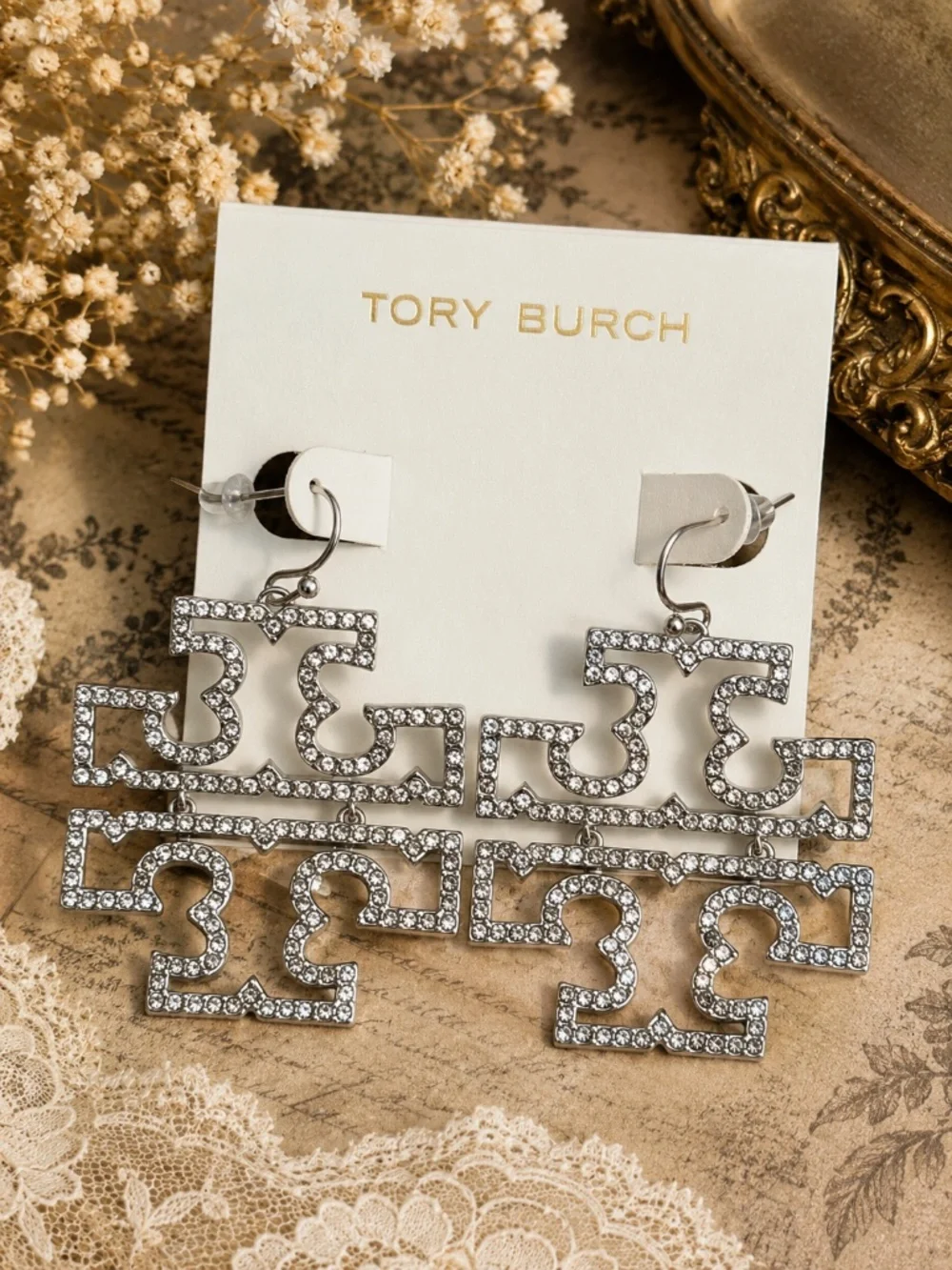 TORY BURCH • Silver Britten Crystal Logo Drop Earrings